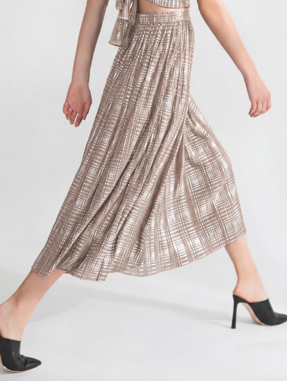 Sabina Musayev Brooklyn Pleated Midi Skirt Metallic Tan A-Line Sz 6 Art Deco